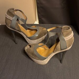 L.A.M.B. Gray Suede Peep-Toe Platform Heels